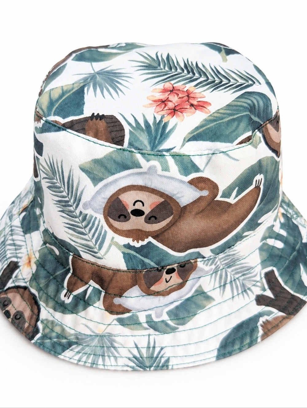 Kids Sloth Print Bucket Hat - White & Green